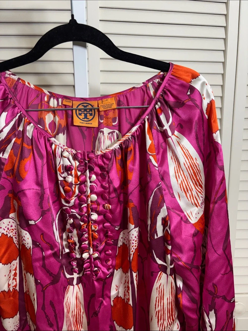 Tory Burch Satin Silk Beetle Print Bohemian Magenta Blouse Size 10